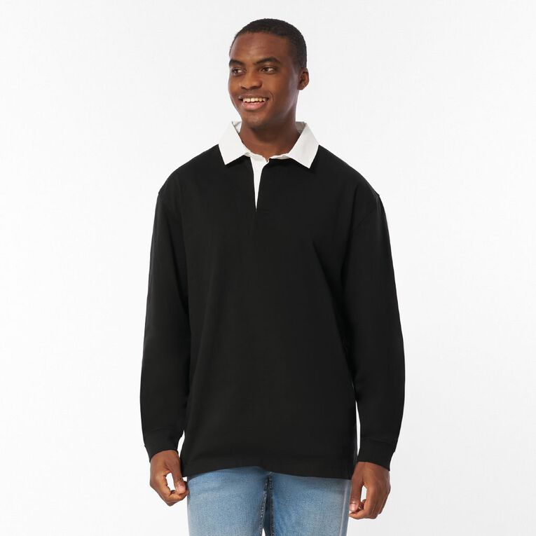 H&H Men's Plain Rugby Polo, Black, hi-res