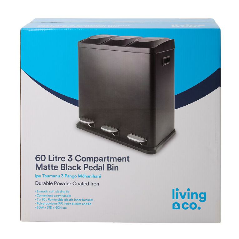 Living & Co 3 Pedal Bin Black 60L, , hi-res