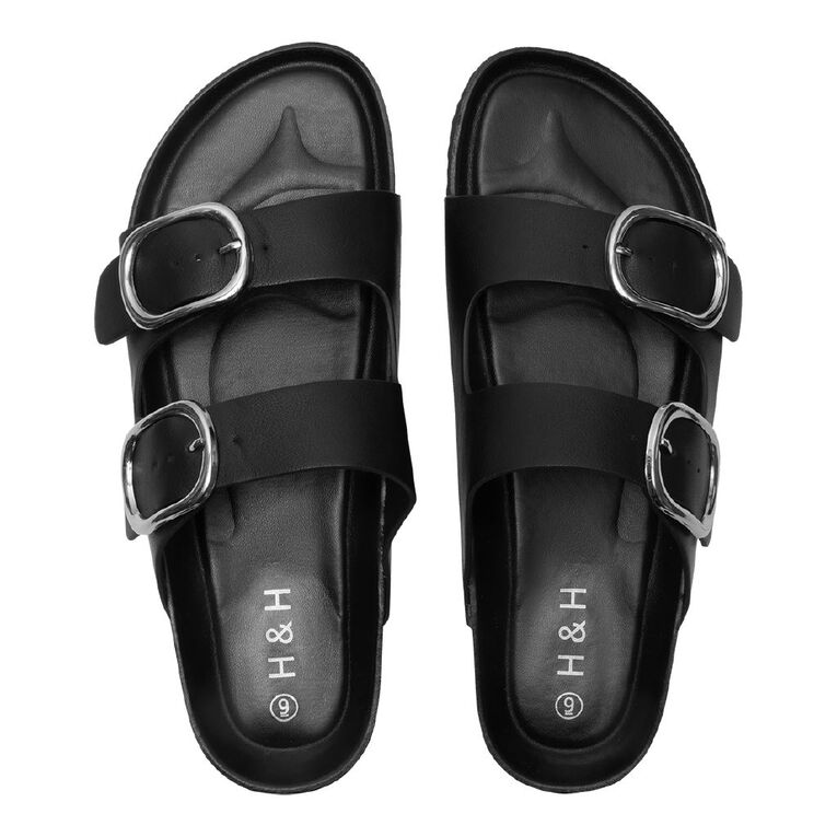 H&H Women's Ada Double Buckle Slides, Black, hi-res