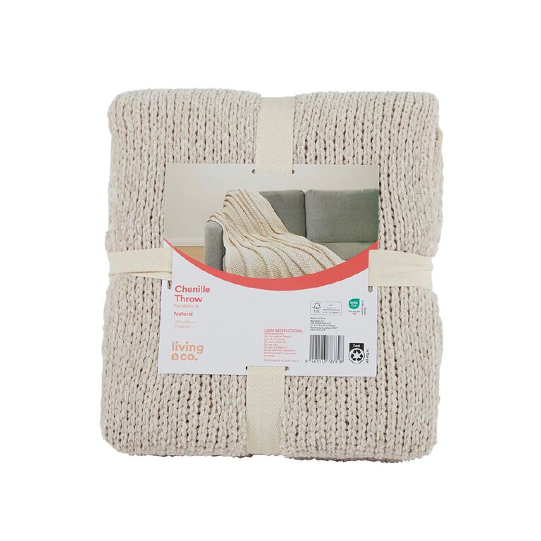 Living & Co Throw Chenille Natural 127cm x 152cm, , hi-res