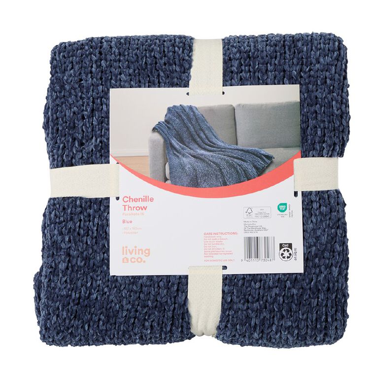 Living & Co Throw Chenille Blue 127cm x 152cm, , hi-res