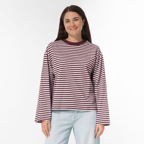 H&H Women's Long Sleeve Boxy Stripe Crew Neck Tee