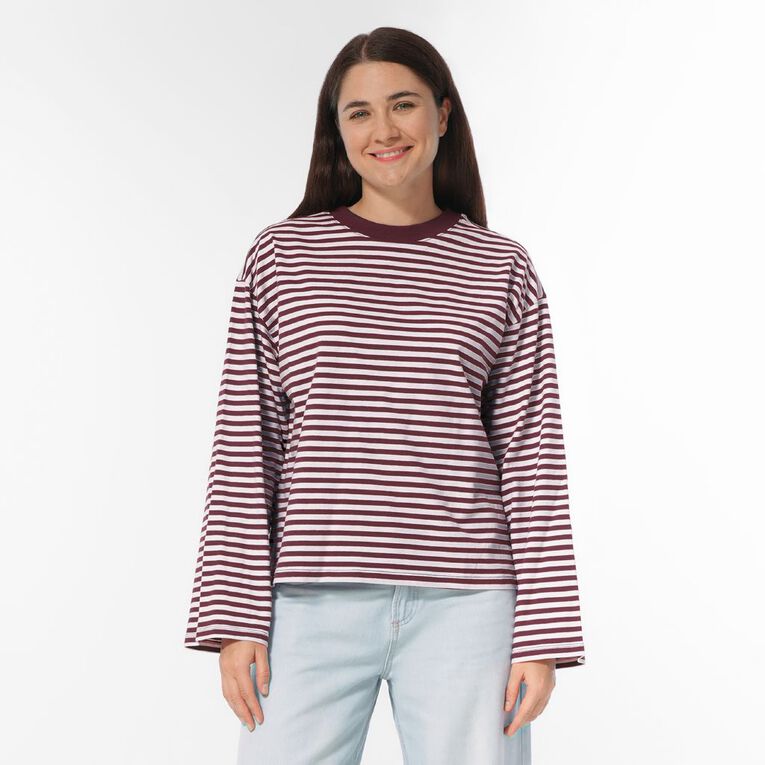 H&H Women's Long Sleeve Boxy Stripe Crew Neck Tee, Pink Light, hi-res