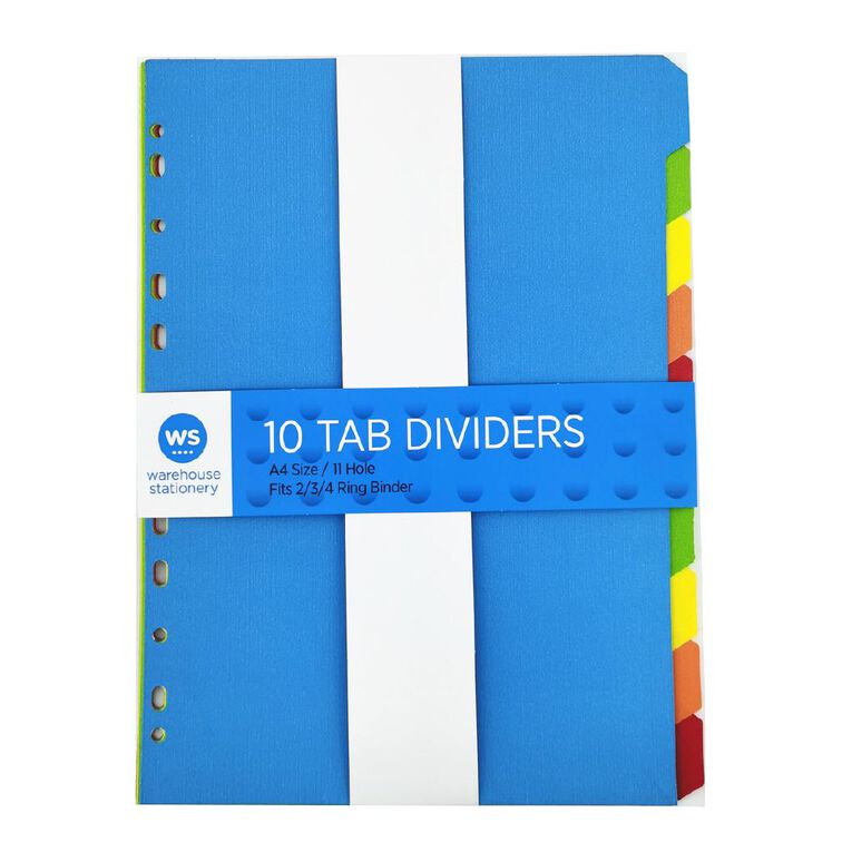 WS Cardboard Dividers 10 Tab Multi-Coloured A4, , hi-res