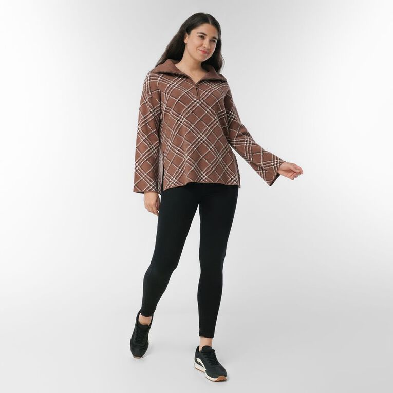 H&H Women's 1/4 Zip Jaquard Knit Jumper, Brown Light, hi-res