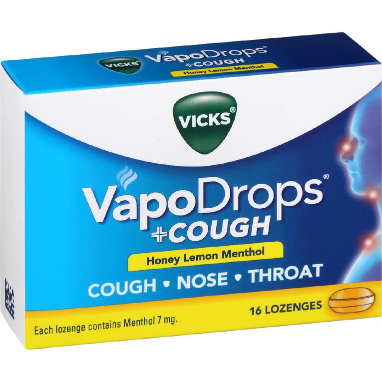 Vicks VapoDrops + Cough Honey Lemon Menthol Lozenges 16 Pack, , hi-res