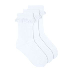 Underworks Girls' Ribbed Ruffle Crew Socks 3 Pack