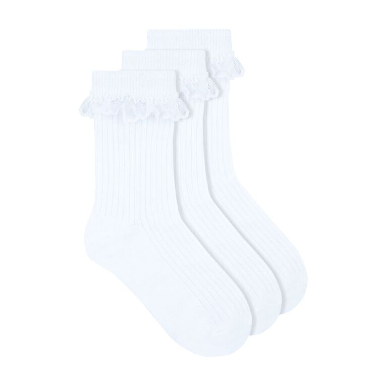 Underworks Girls' Ribbed Ruffle Crew Socks 3 Pack, White, hi-res