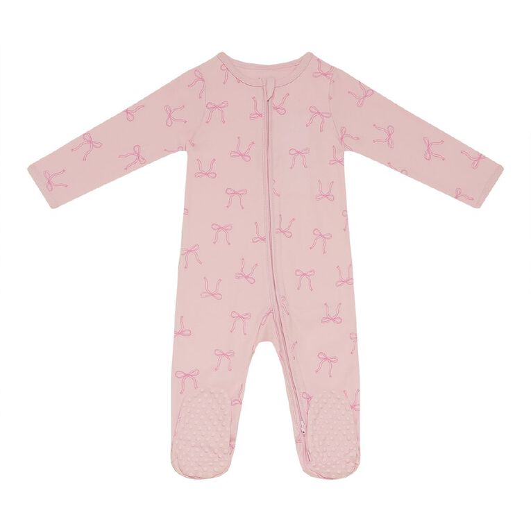 Young Original Babies' Zip-Thru Footed All-in-One, Pink Light BOWS, hi-res