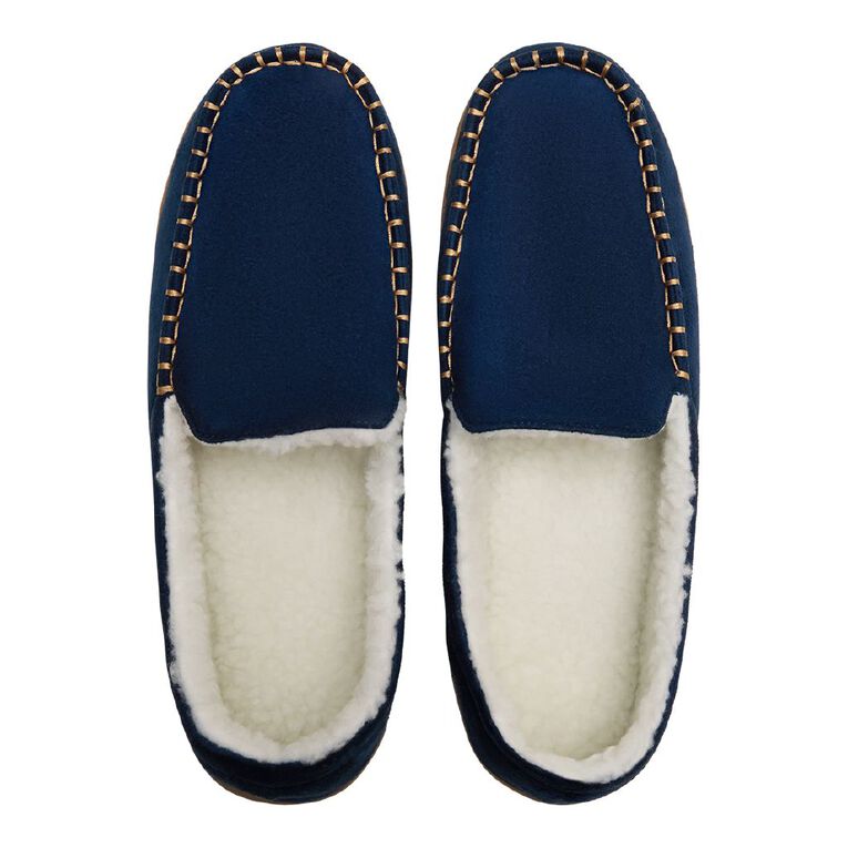 H&H Men's Harvey Moccasin Slippers, Navy, hi-res