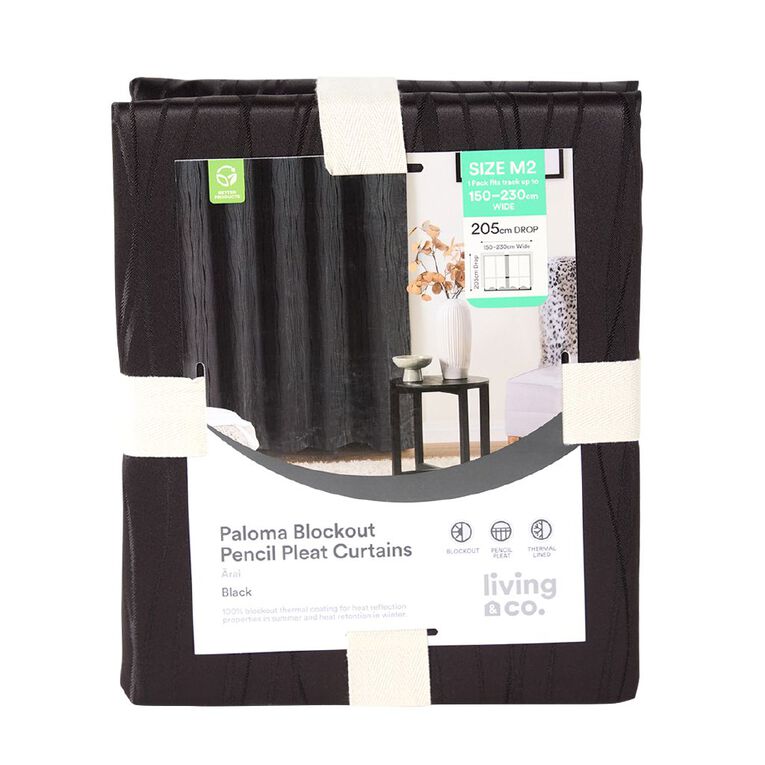 Living & Co Paloma Curtains Black 230-330cm Wide/160cm Drop, Black, hi-res