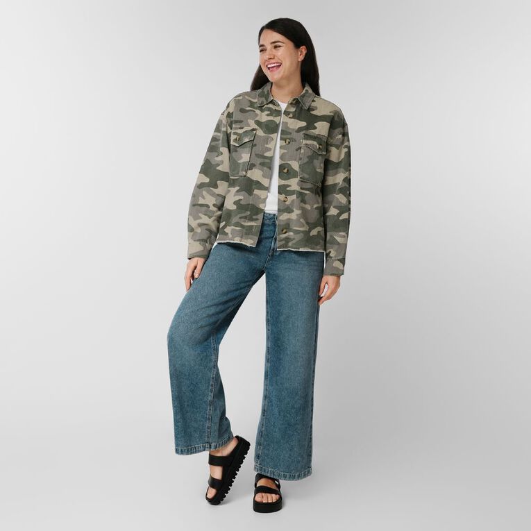 H&H Women's Long Sleeve Boxy Utility Shirt, Green Mid, hi-res