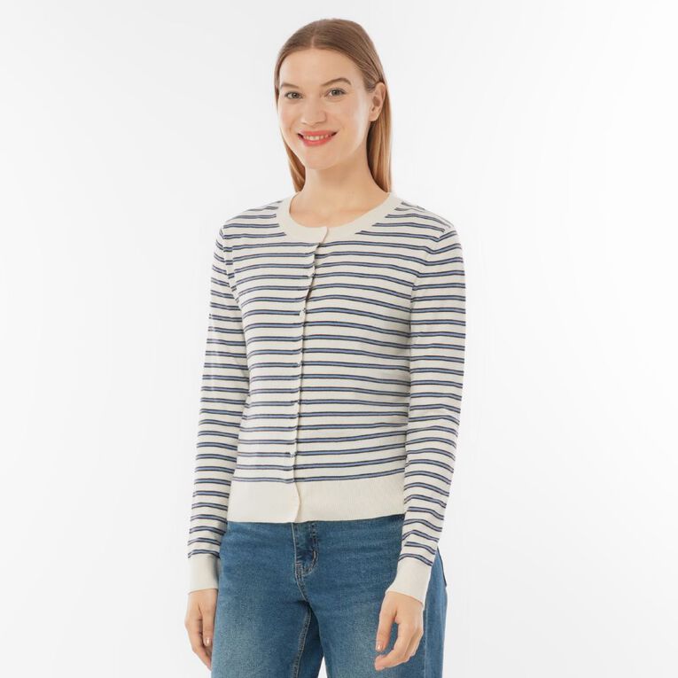 H&H Women's Essential Cardigan, White/Blue, hi-res