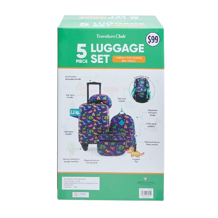 Travelers Club 5 Piece Luggage Set Dinosaur Blue, , hi-res