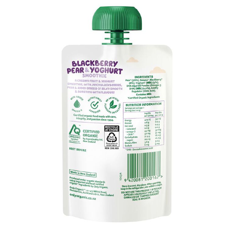 Only Organic Blackberry Pear & Yoghurt Smoothie 3+ Years 120g, , hi-res