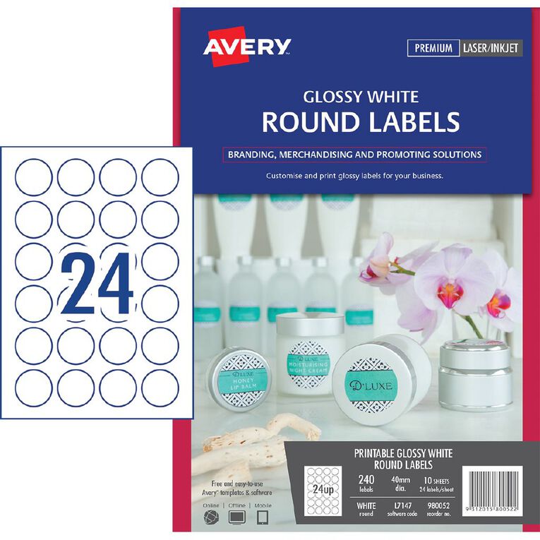 Avery Glossy Round Labels White 40mm diameter 240 Labels, , hi-res