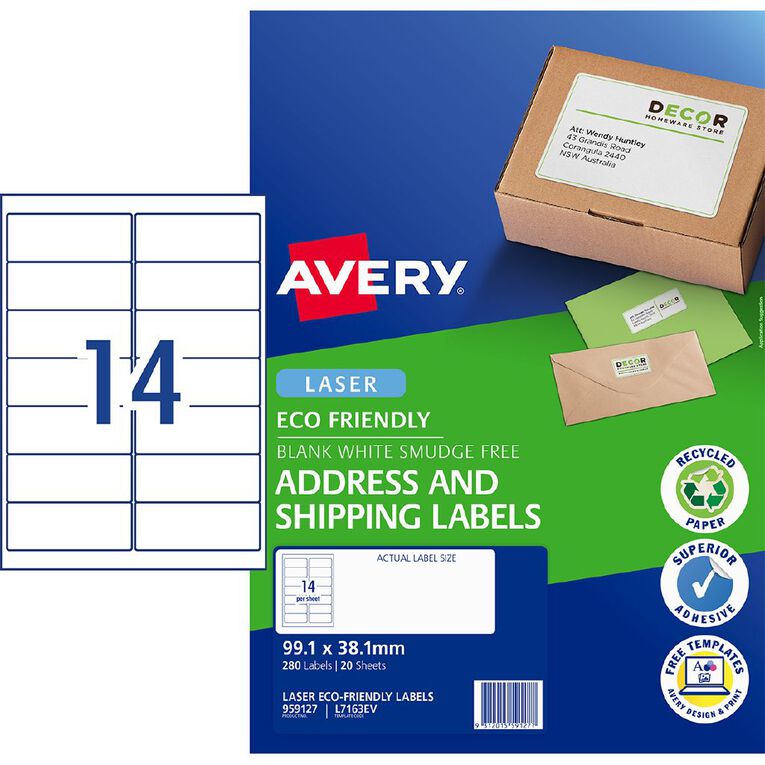 Avery Eco Friendly Labels Laser 280 Labels 99.1mm x 38.1mm, , hi-res