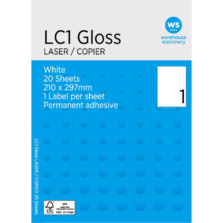WS Labels 20 Sheets A4/1 Gloss White, , hi-res