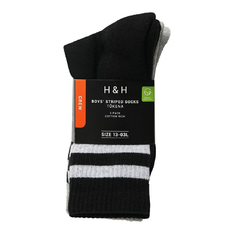 H&H Boys' Mixed Sport Crew Socks 3 Pack, Black/White, hi-res