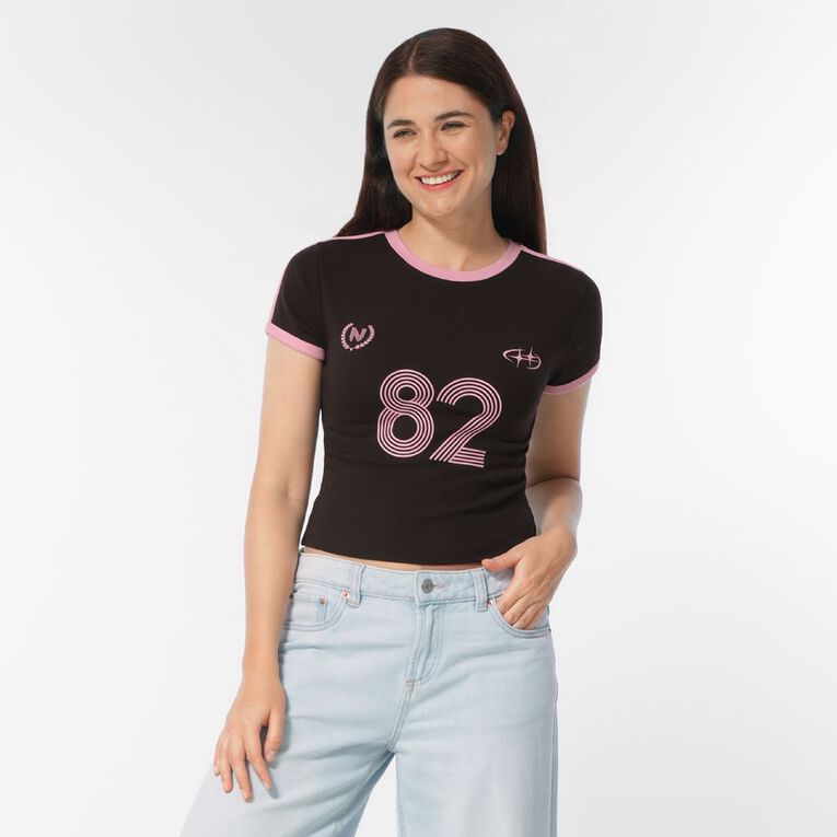 H&H Women's Short Sleeve Ringer Tee, Brown Dark, hi-res