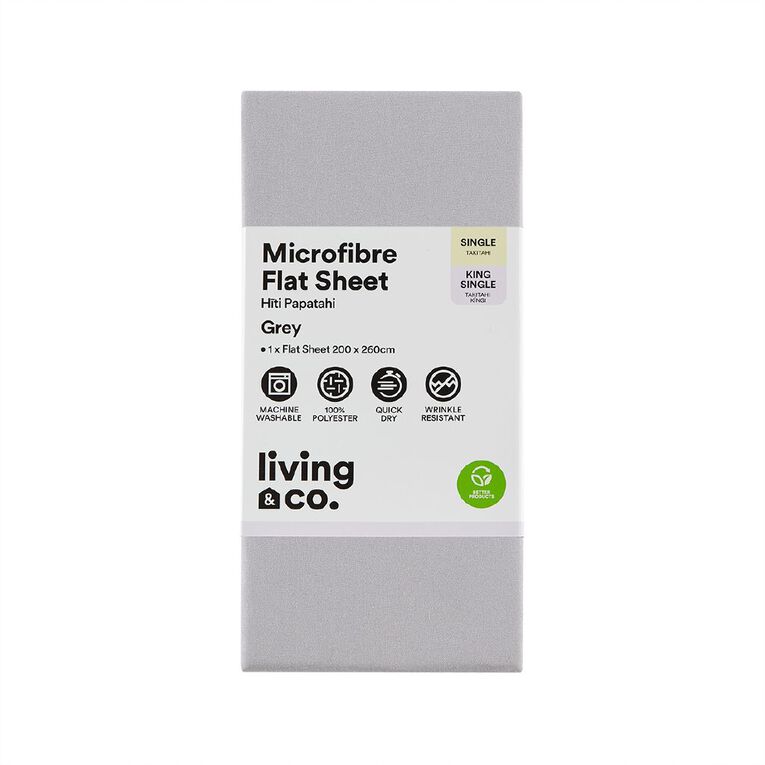 Living & Co Flat Microfibre Sheet Single/ King Single Grey One Size, , hi-res