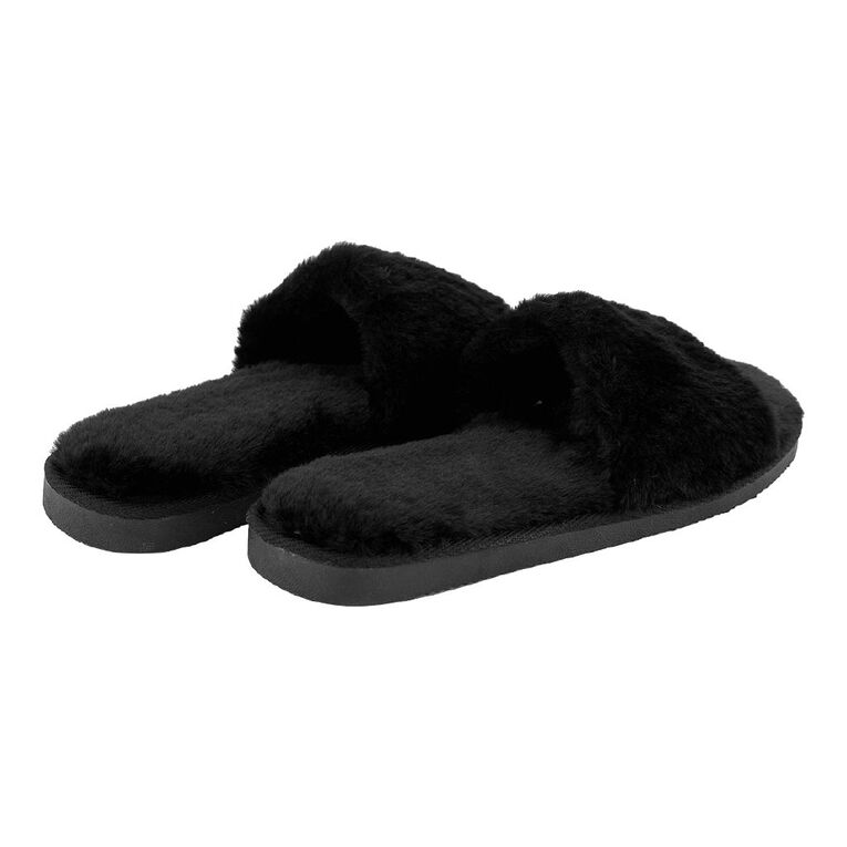 H&H Women's Fluffy Strap Slide Slippers Black The Warehouse