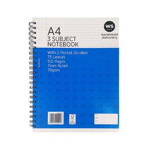 WS 7mm Ruled 3 Subject Book A4