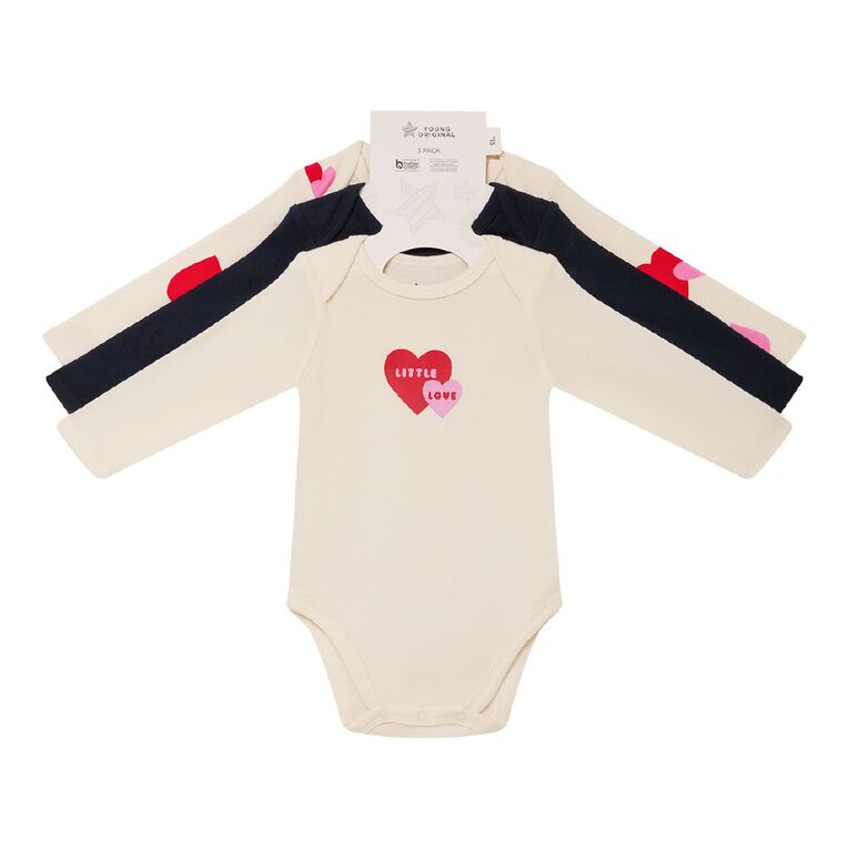Young Original Babys' Long Sleeve Printed Bodysuit 3 Pack, Cream, hi-res