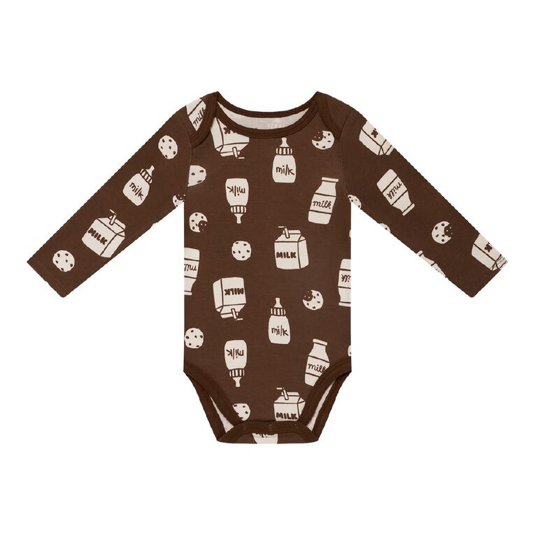 Young Original Babys' Long Sleeve Printed Bodysuit 3 Pack, Brown Dark, hi-res
