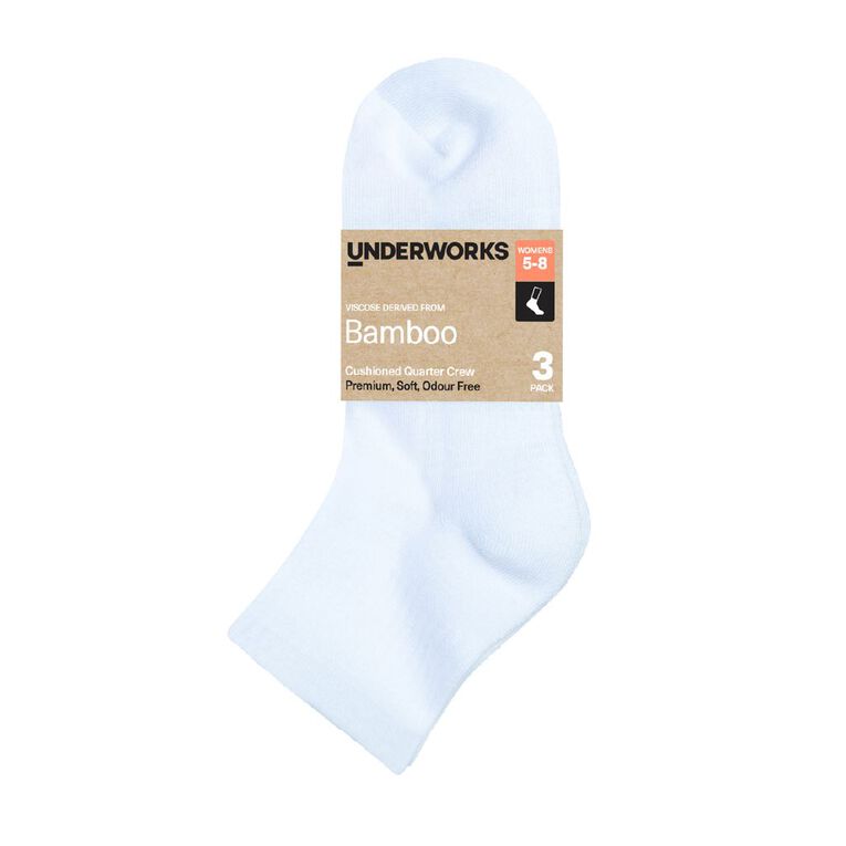 Underworks Women's Bamboo Quarter Crew Socks 3 Pack, White, hi-res