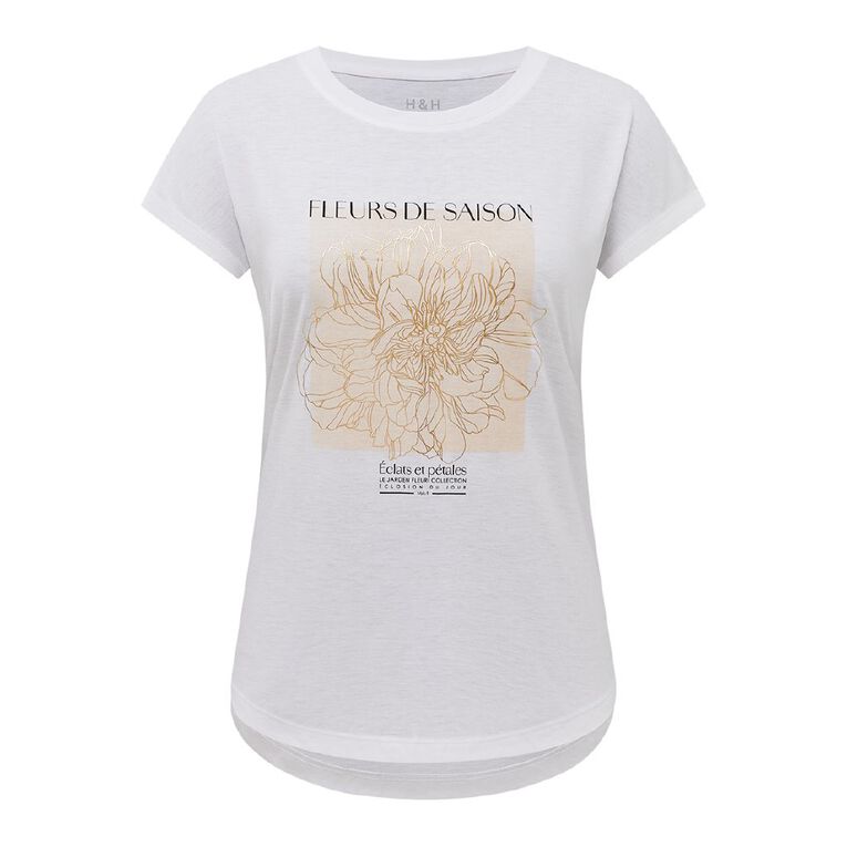 H&H Women's Short Sleeve Print Tee, White, hi-res