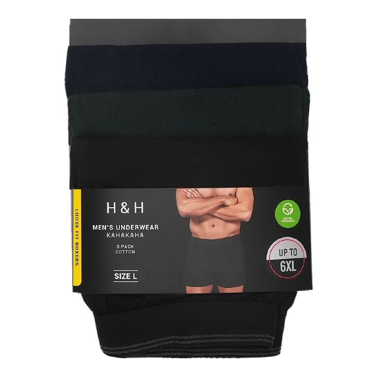 H&H Men's Loose Knit Boxers 3 Pack, Black/Navy, hi-res