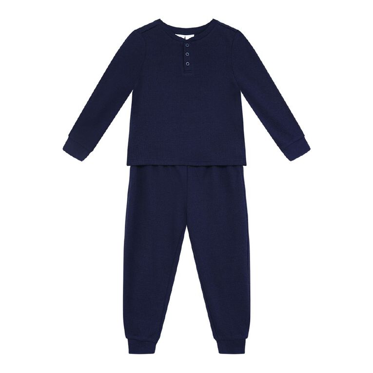 H&H Boys' Waffle and Henley Pyjama Set, Blue Dark, hi-res