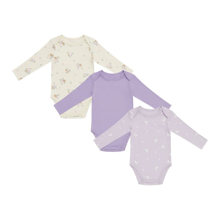 Young Original Babies' Long Sleeve Printed Bodysuit 3 Pack, White FLORA, hi-res