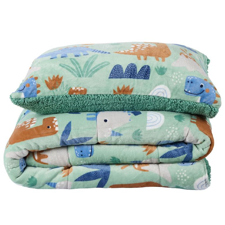 Living & Co Kids Plush Comforter Set Sherpa Reverse Dinosaur Green, , hi-res