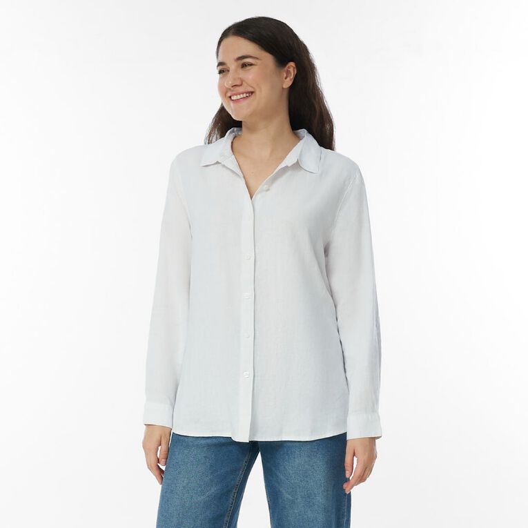 H&H Women's Long Sleeve Essential Linen Blend Shirt, White, hi-res