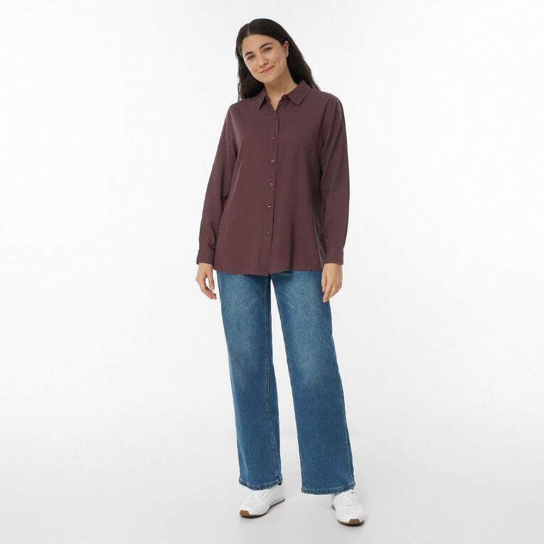 H&H Women's Long Sleeve Essential Linen Blend Shirt, Brown Dark, hi-res