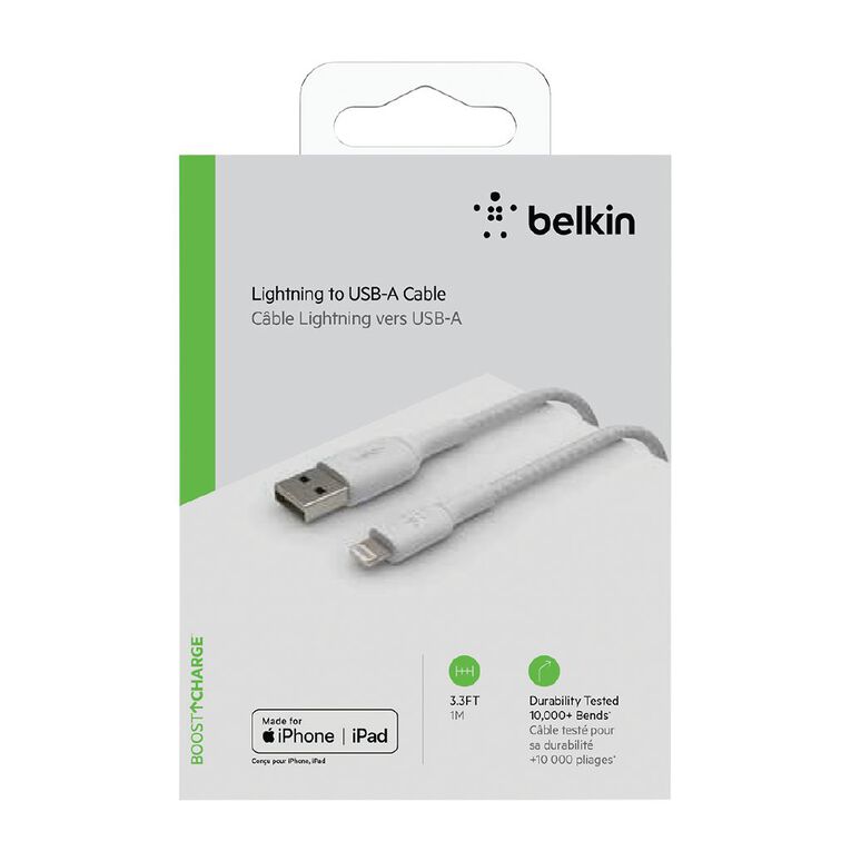 Belkin BoostCharge Lightning to USB-A Braided Cable 1M White, , hi-res