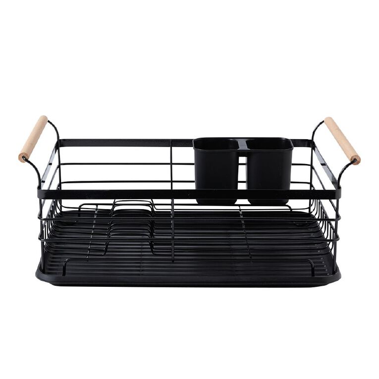 Living & Co Dish Rack With Wooden Handles Black, , hi-res