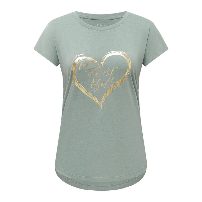 H&H Women's Short Sleeve Print Tee, Green Light, hi-res