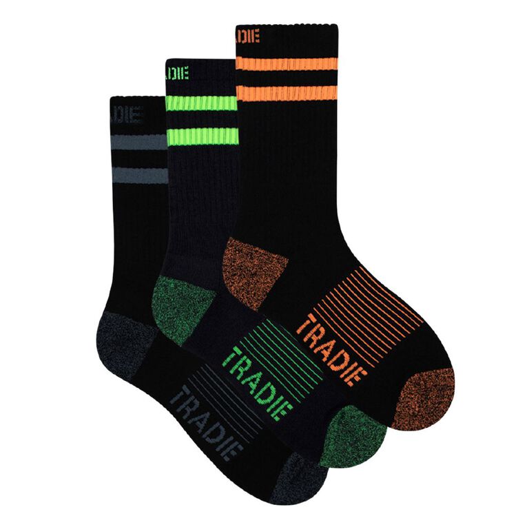 Tradie Men's Ribbed Crew Socks 3 Pack, Black, hi-res