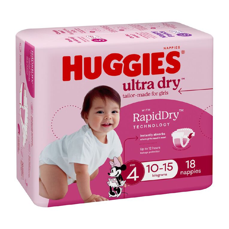 Huggies Girls' Convenience Nappy Toddler Size 4 10-15kg 18 Pack, , hi-res
