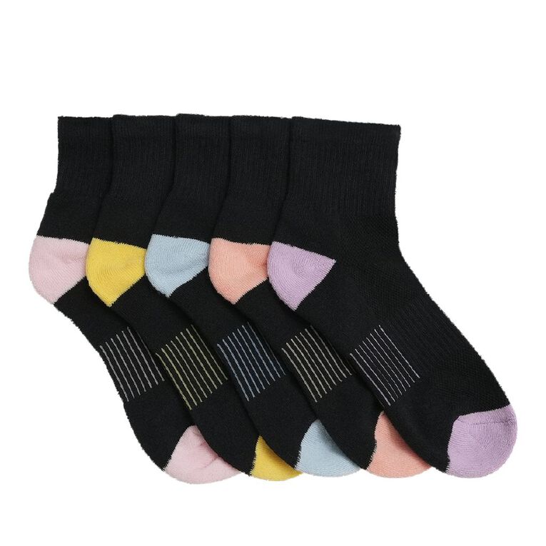 Active Intent Girls' Cushioned Quarter Crew Socks 5 Pack, Black, hi-res