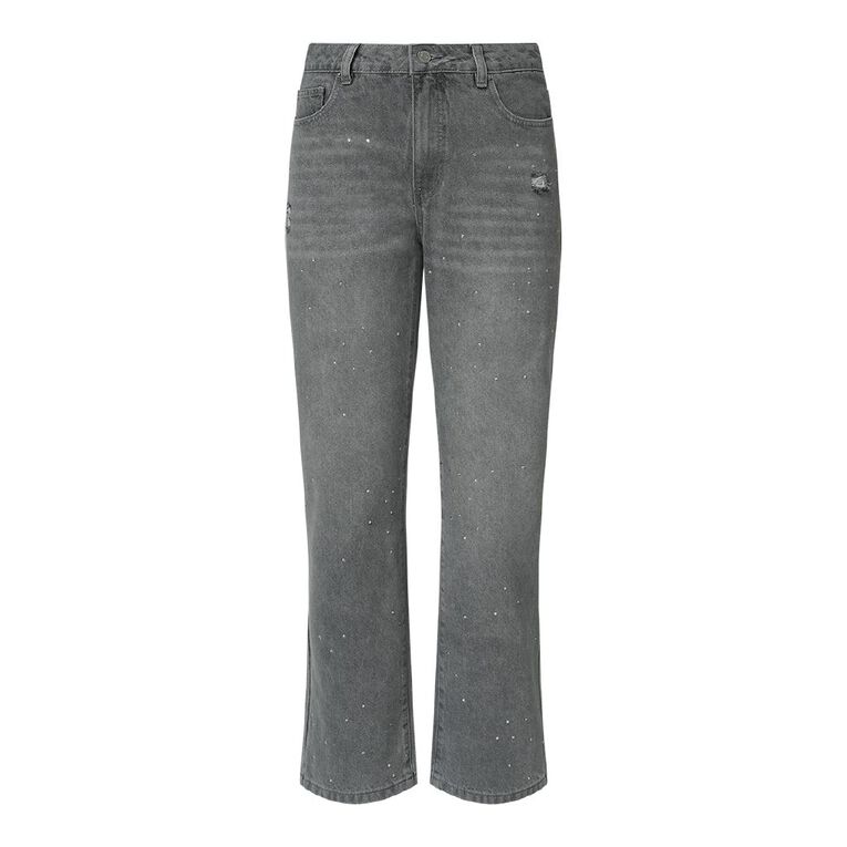H&H Women's Mid Rise Diamante Straight Leg Jeans, Grey, hi-res
