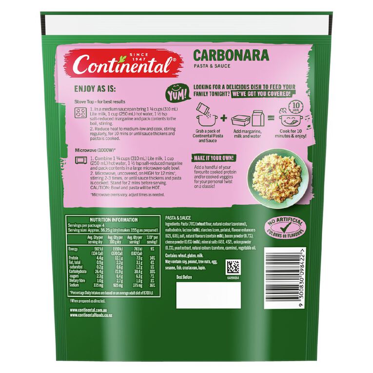 Continental Pasta and Sauce Carbonara 145g, , hi-res