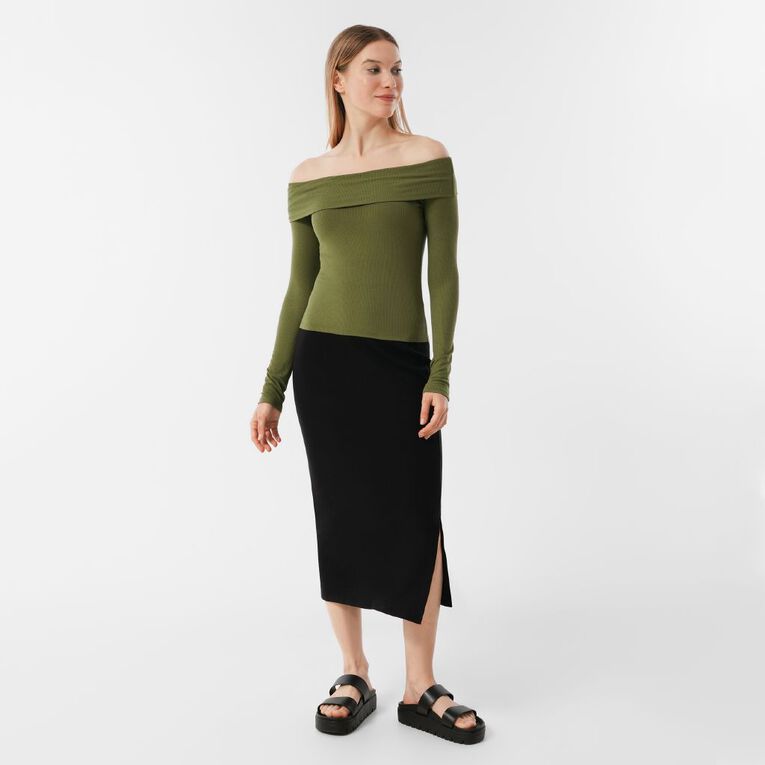 H&H Women's Long Sleeve Rib Bardot, Green Mid, hi-res