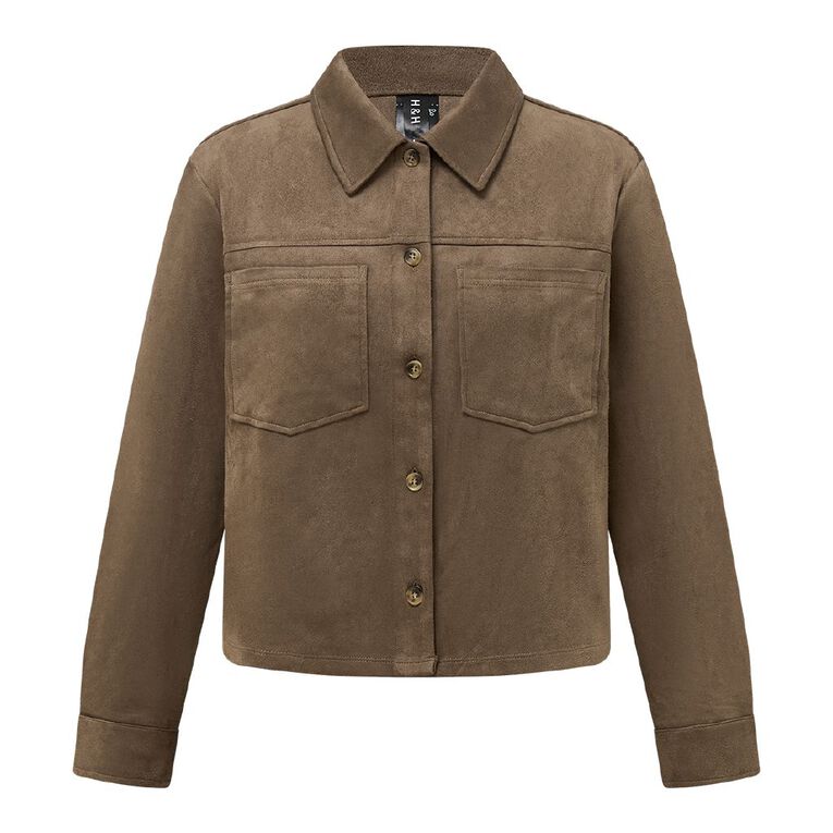 H&H Women's Long Sleeve Boxy Crop Suede Shirt, Brown Light, hi-res