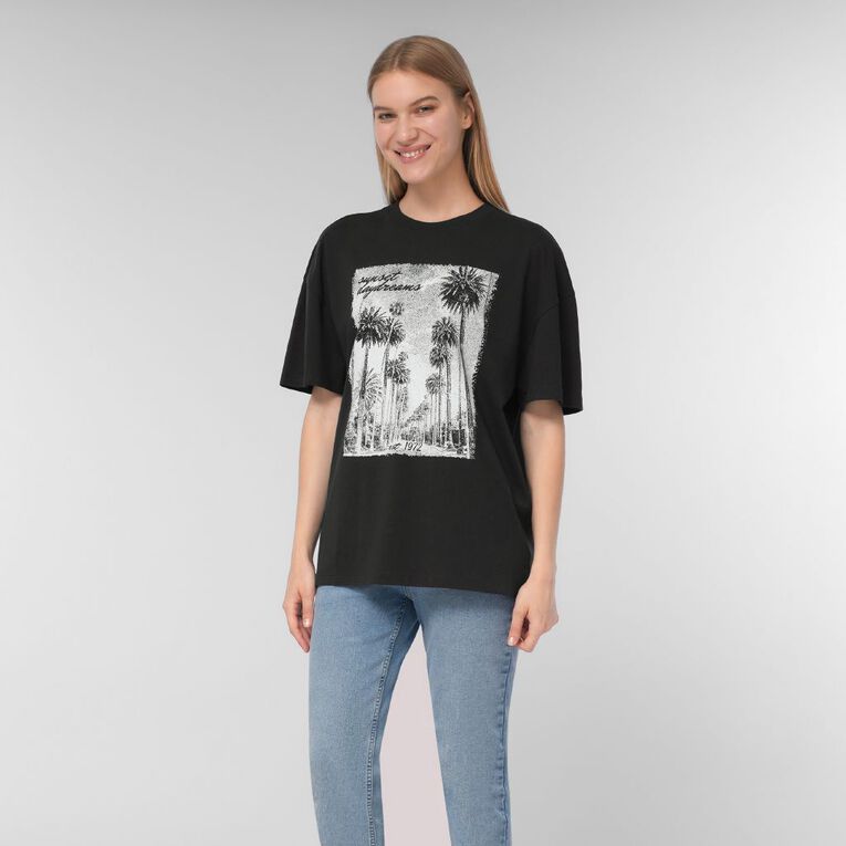 H&H Women's Shorts Sleeve Boyfriend Graphic Tee, Grey Dark Palms, hi-res