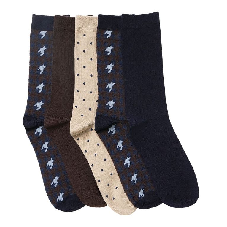 H&H Men's Business Crew Patterned Socks 5 Pack, Brown, hi-res