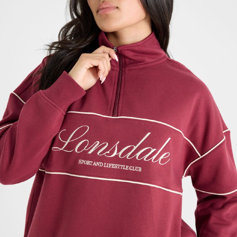 Lonsdale Women's Piped Boxy Quarter Zip Sweatshirt, Red Dark, hi-res